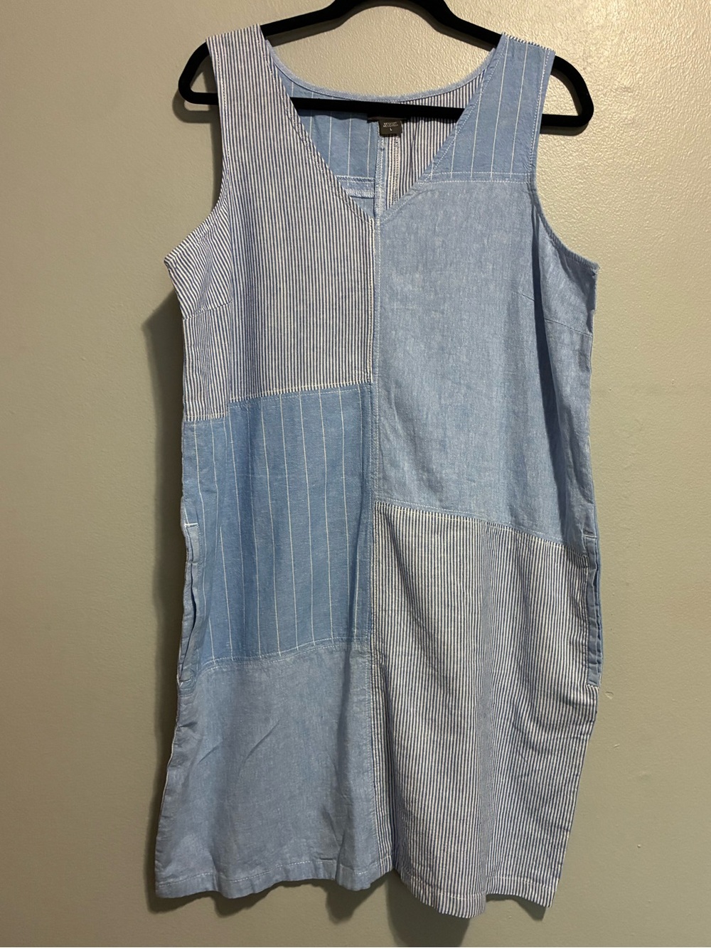 Pure Amici Linen Cotton Blend Patchwork Striped Dress Blue Large Boho Coastal